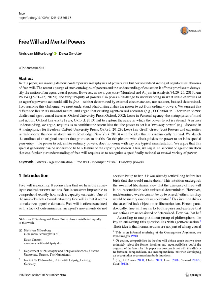 Free Will and Agent-Causal Powers | PDF | Free Will | Intention