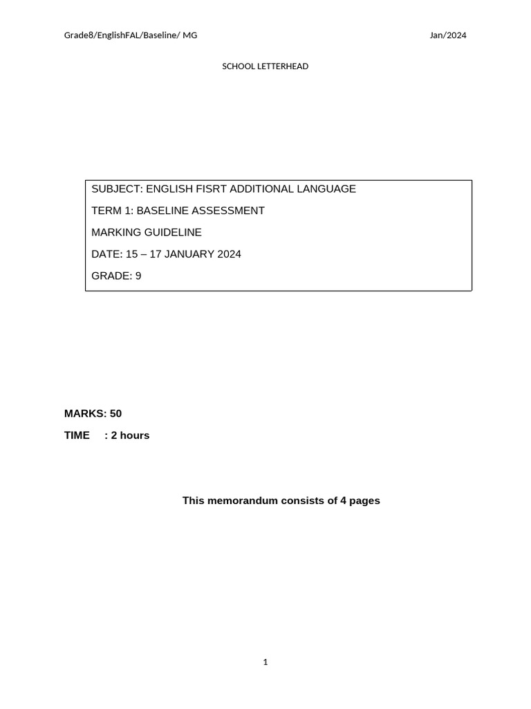 Grade 9 English FAL Baseline Assessment | PDF | Sneakers | Communication
