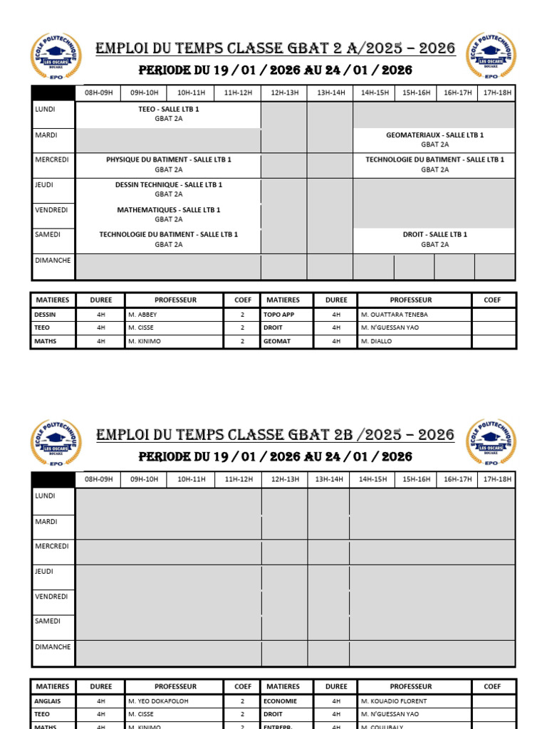 Emploi du temps classes 2025-2026 | PDF | Mathématiques