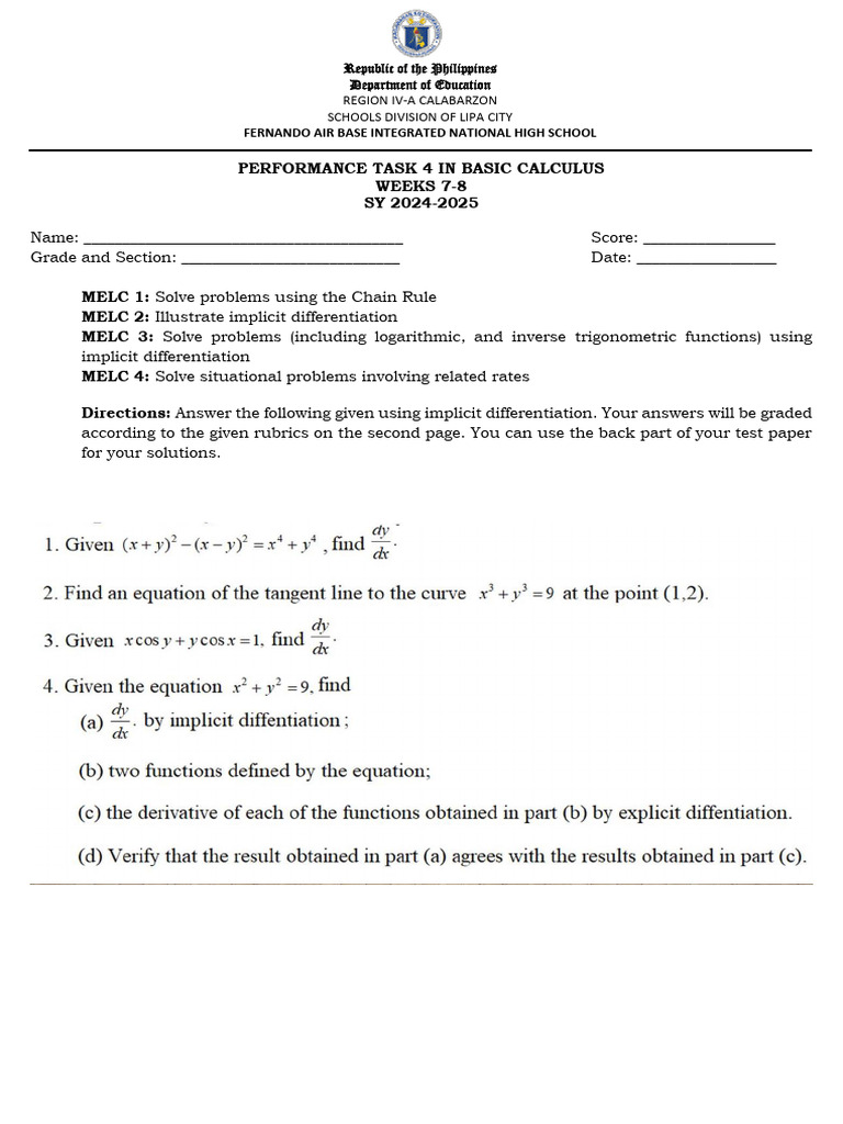 Basic Calculus Performance Task Guide | PDF