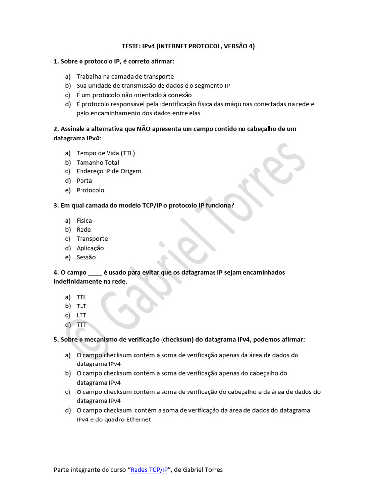 Teste sobre Protocolo IPv4 em Redes TCP/IP | PDF | Rede de computadores ...