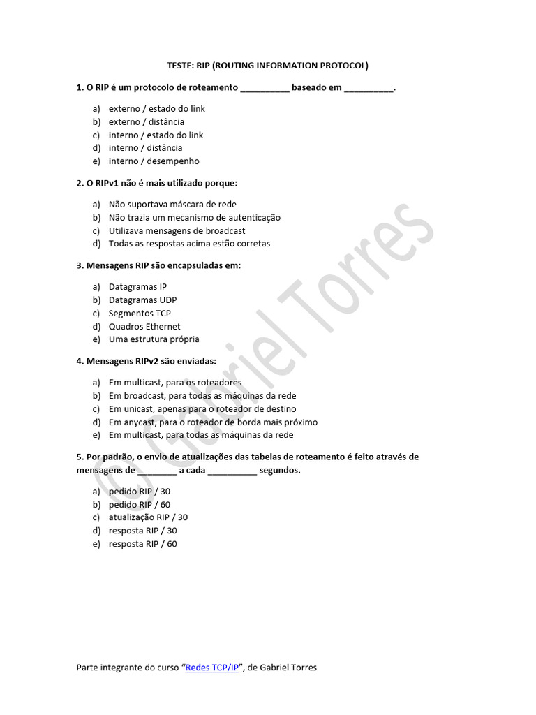 Teste sobre Protocolo RIP em Redes TCP/IP | PDF | Redes | Protocolos da ...
