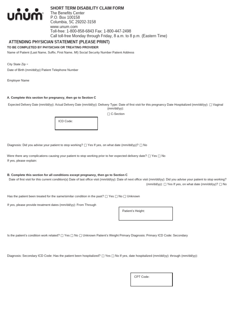 Short Term Disability Claim Form | PDF | Health Care | Medicine
