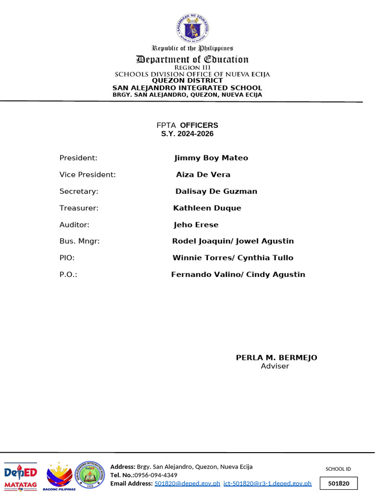 San Alejandro Integrated School FPTA Officers | PDF