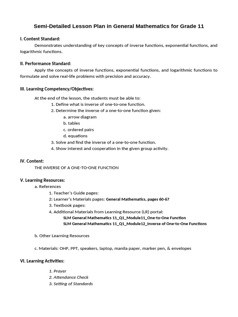 Grade 11 Lesson Plan: Inverse Functions | PDF | Function (Mathematics ...
