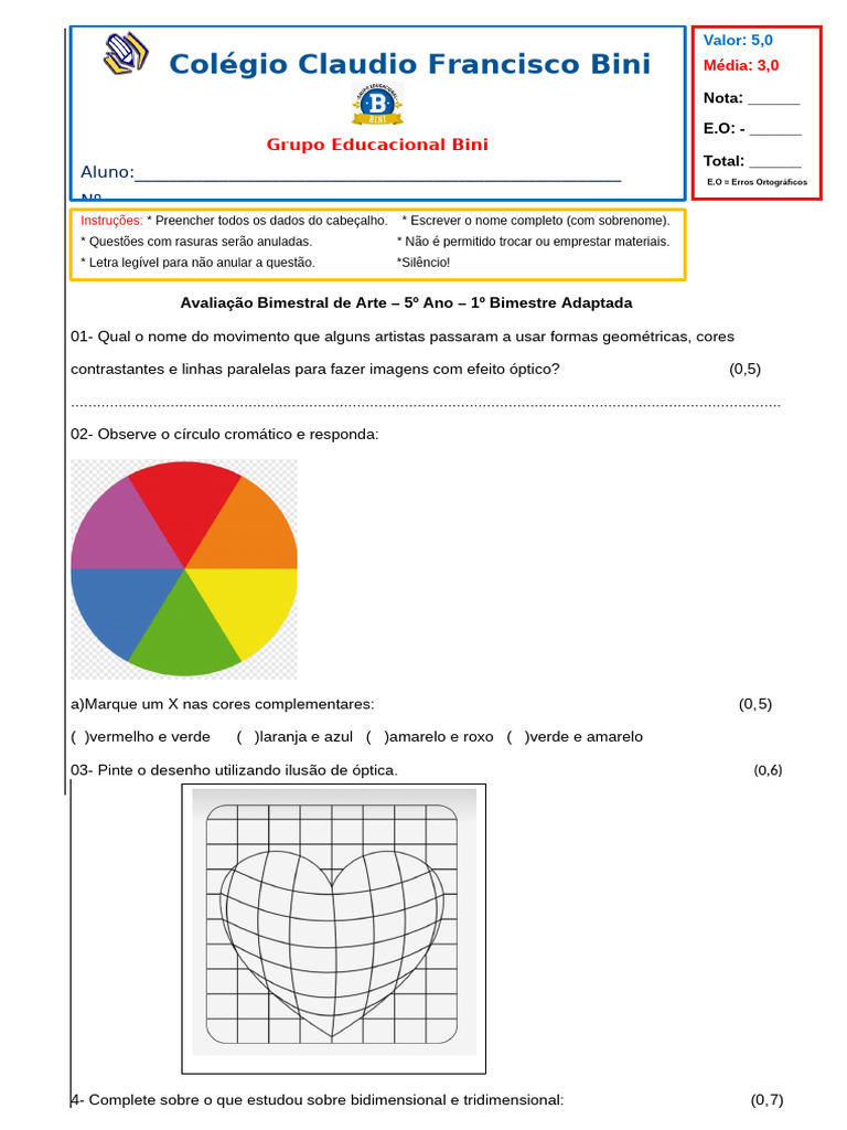 Avaliação de Arte - 5º Ano B1 | PDF | Pinturas | Visão