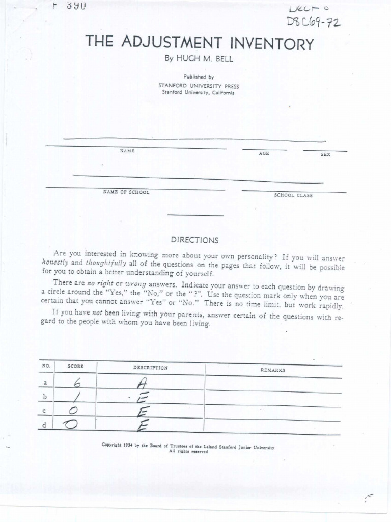 Bell Adjustment Inventory 1934 | PDF