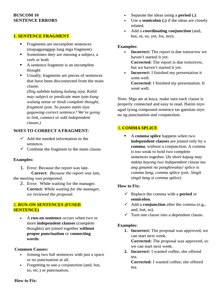 Fixing Common Sentence Errors | PDF | Comma | Linguistics