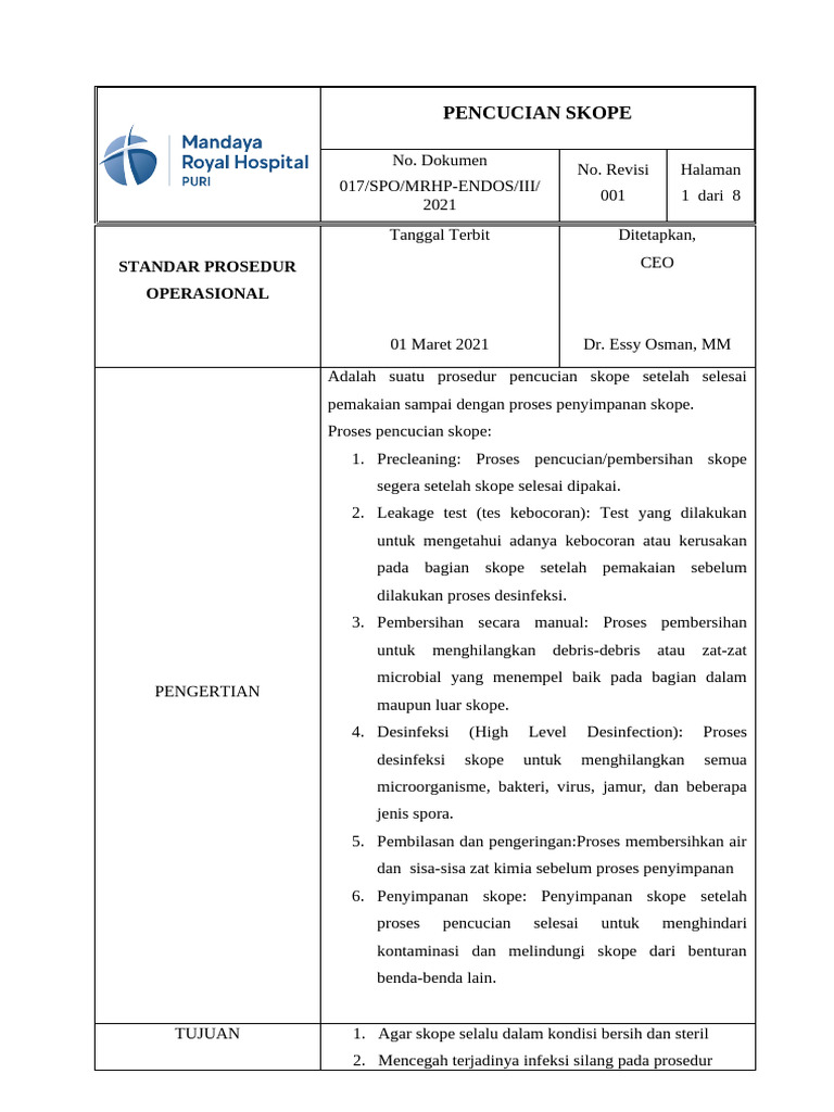 Prosedur Pencucian Skope Endoskopi | PDF