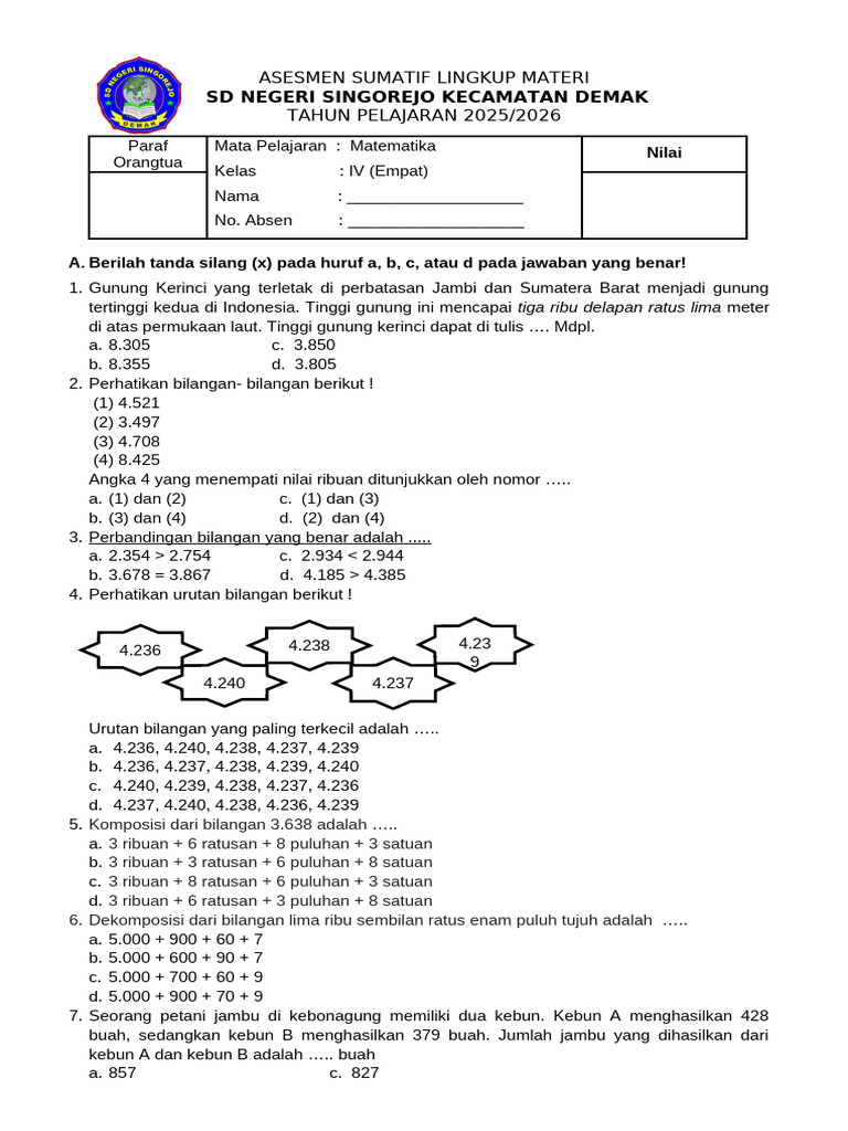 Soal Matematika Kelas 4 SD 2025/2026 | PDF