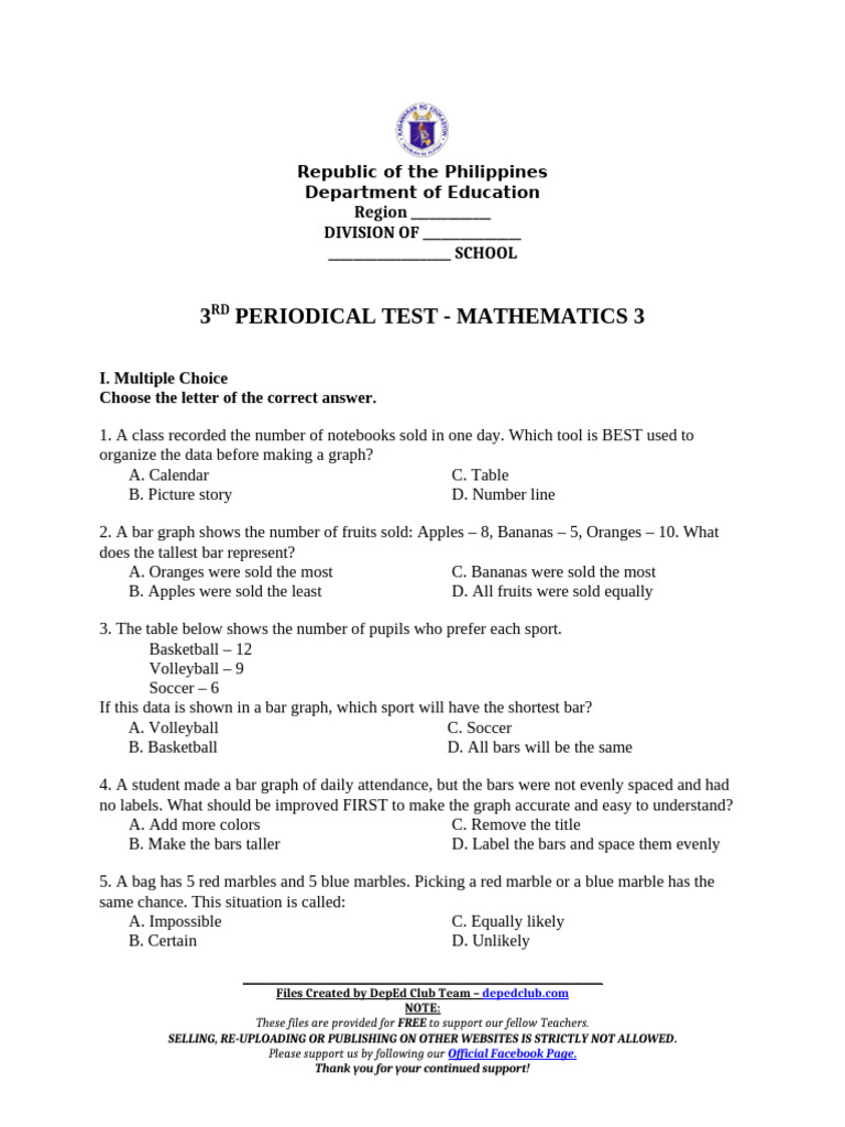 3rd Periodical Test: Mathematics 3 | PDF | Multiplication | Mathematics