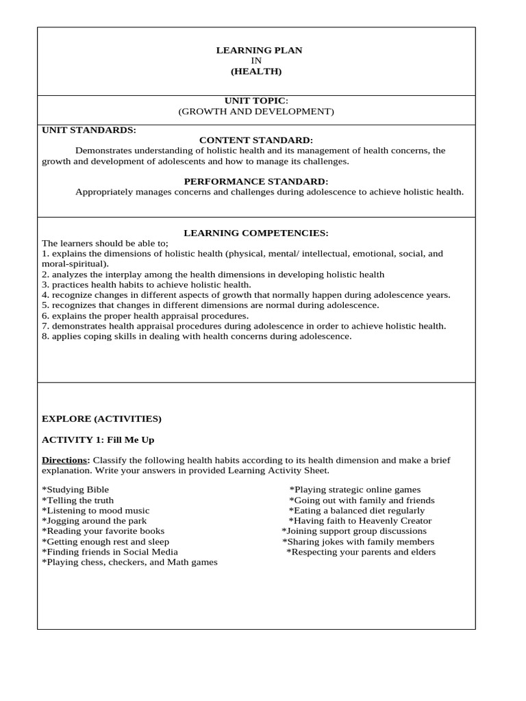 Holistic Health Learning Plan for Adolescents | PDF | Adolescence | Hygiene