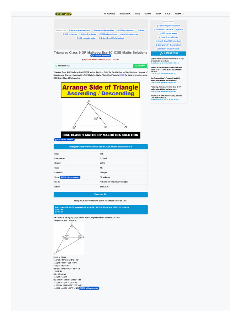 ICSE Class 9 Triangles Exercise 8C Solutions | PDF | Mathematics | Circle