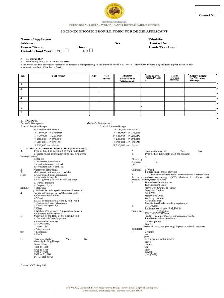 Socio-Economic Profile Form Template | PDF