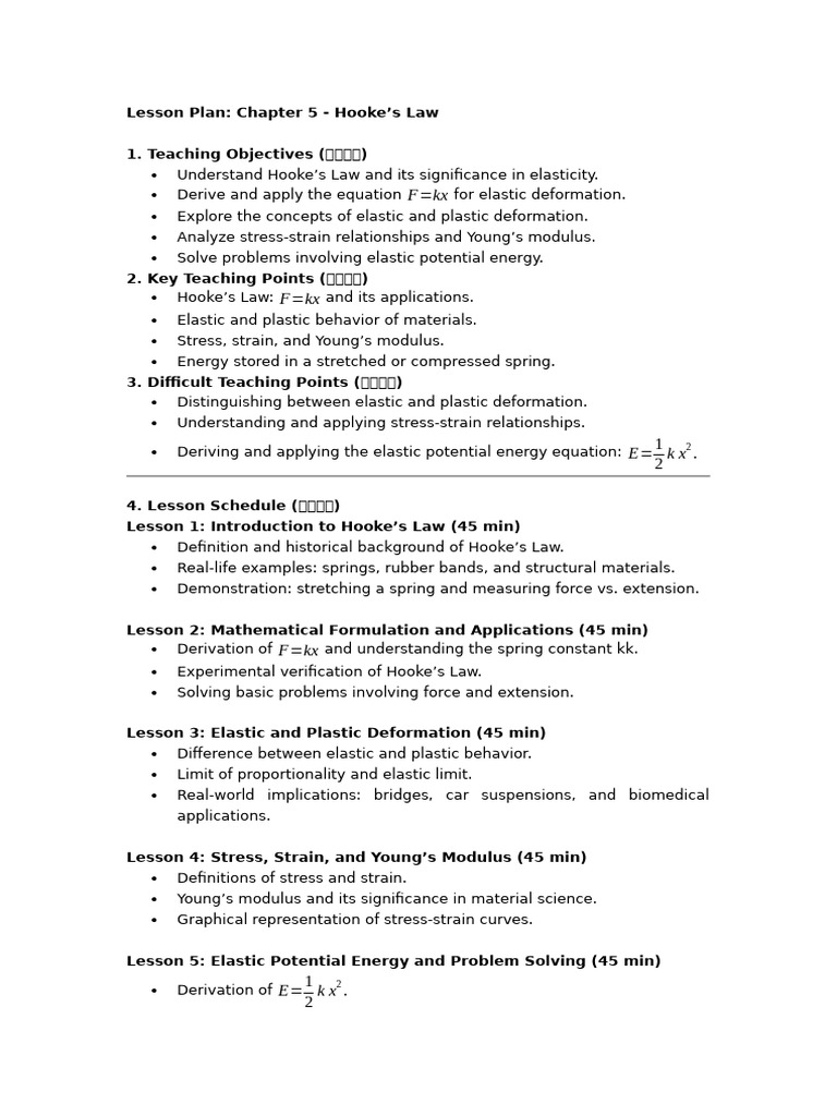 Hooke’s Law Lesson Plan Overview | PDF | Elasticity (Physics ...