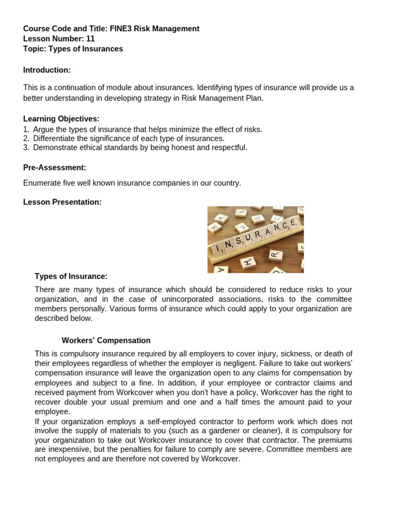 Types of Insurance for Risk Management | PDF | Workers' Compensation ...