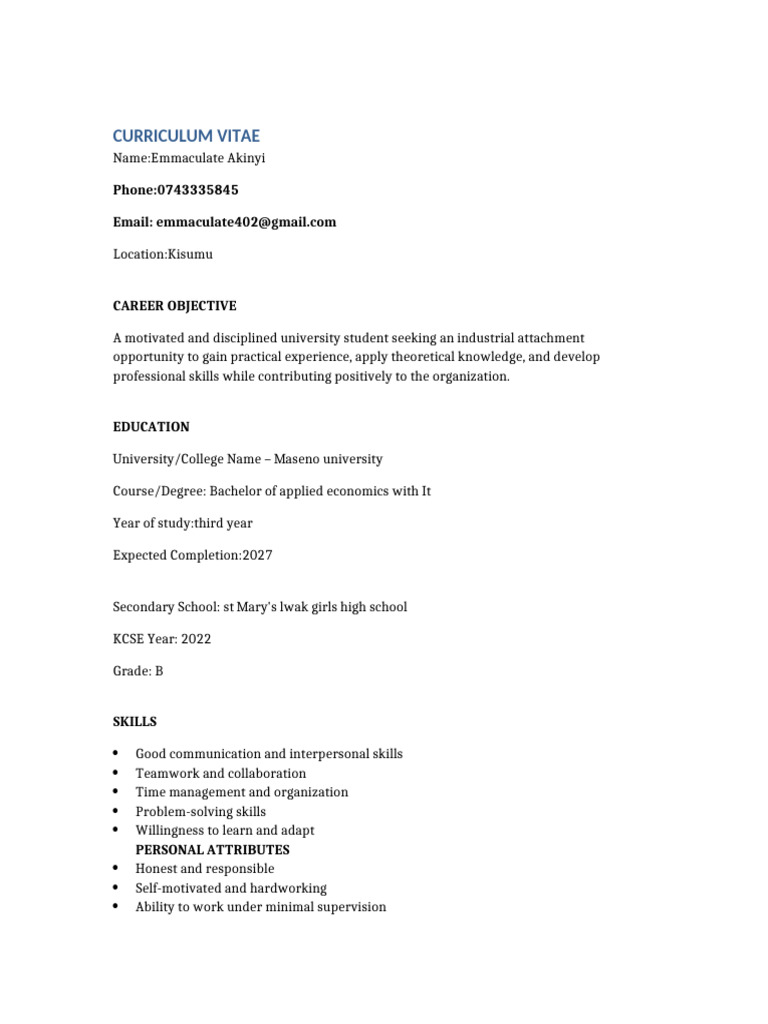 Hannington Egesa Industrial Attachment CV | PDF