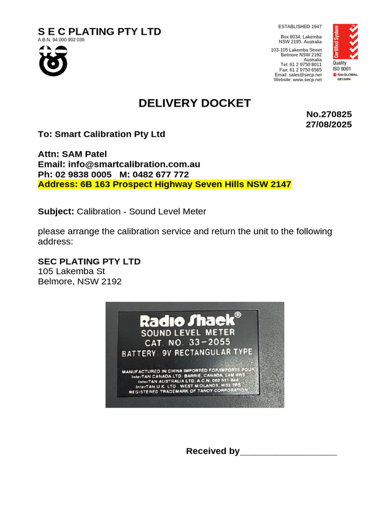 SEC Plating Calibration Delivery Docket | PDF