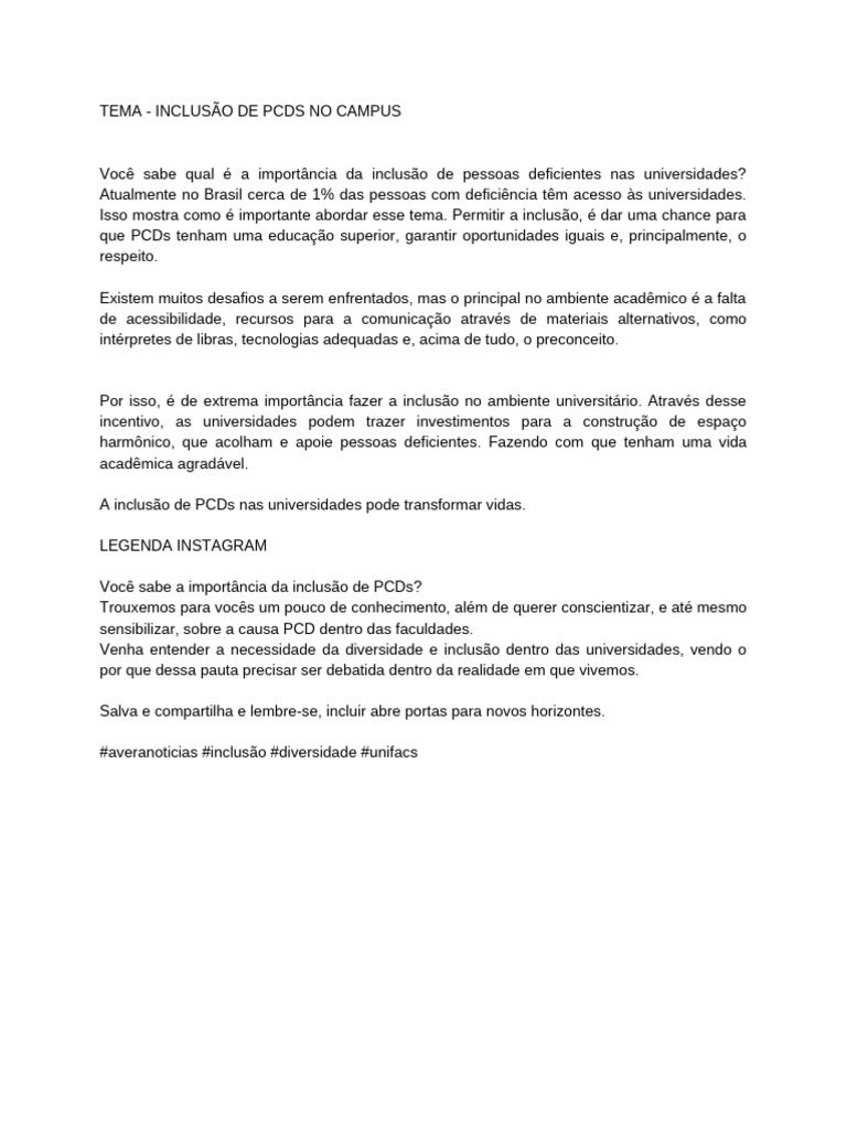 Inclusão de PCDs nas Universidades | PDF
