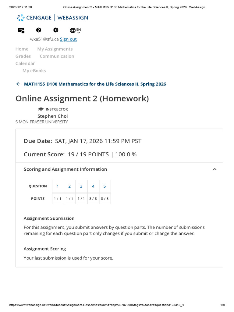 Online Assignment 2 - MATH155 D100 Mathematics for the Life Sciences II ...