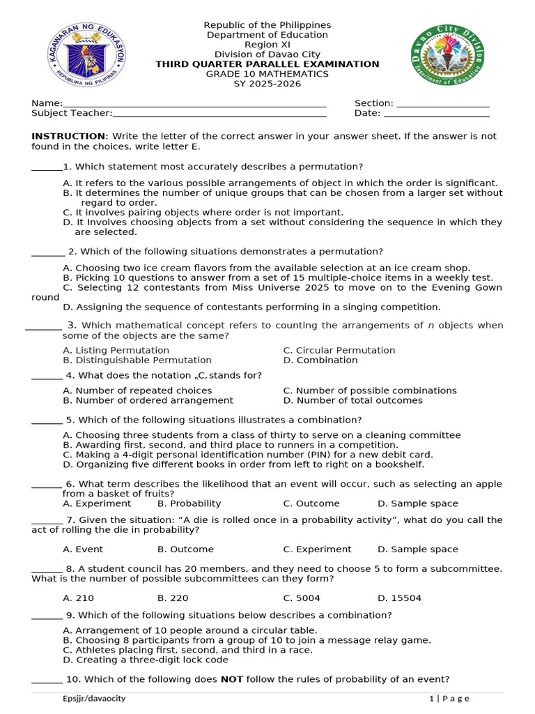 Grade 10 Math Parallel Exam Guide | PDF | Permutation | Probability