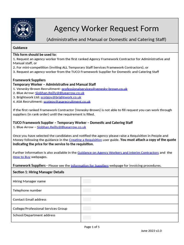 Agency Worker Request Form (AWRF) Admin, Manual, Domestic & Catering ...