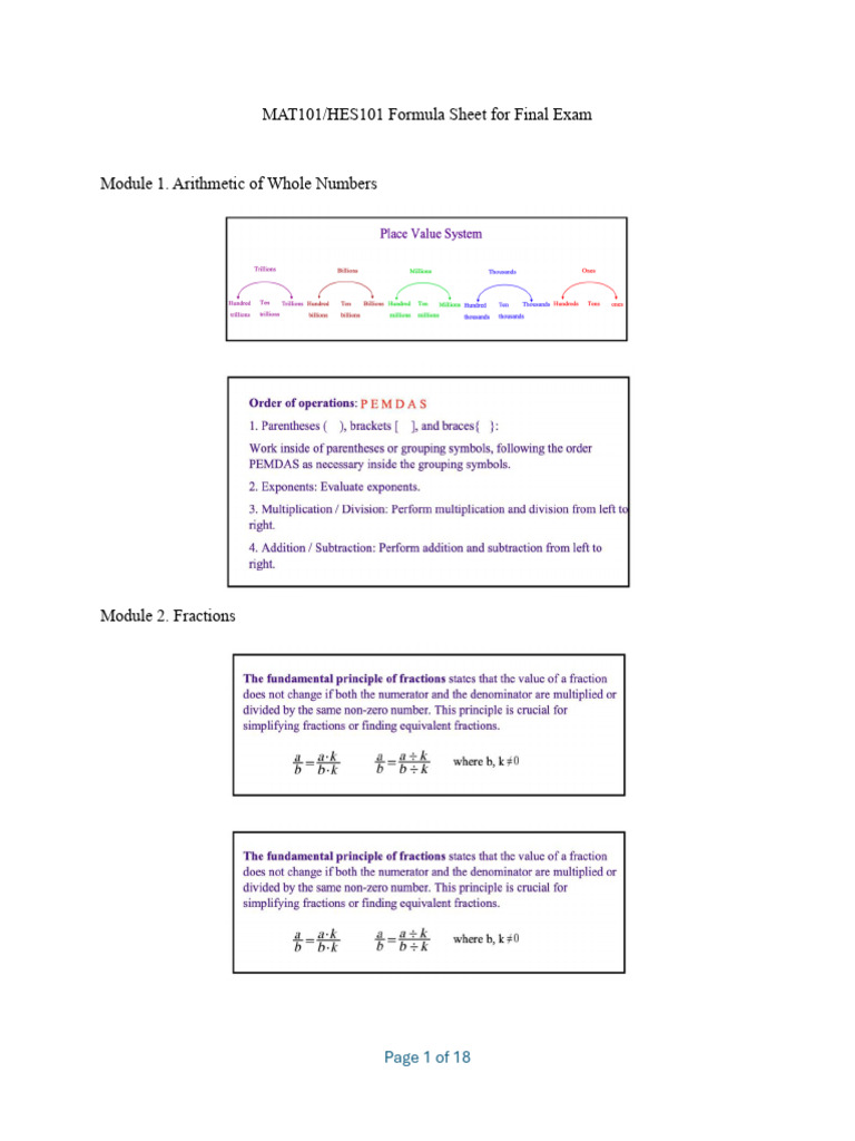 MAT101HES101 Formula Sheet for Final Exam | PDF