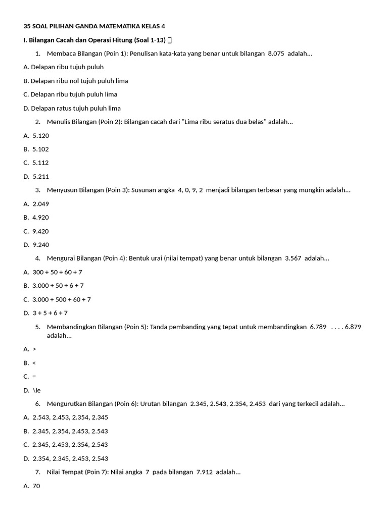 Soal Pilihan Ganda Matematika Kelas 4 | PDF