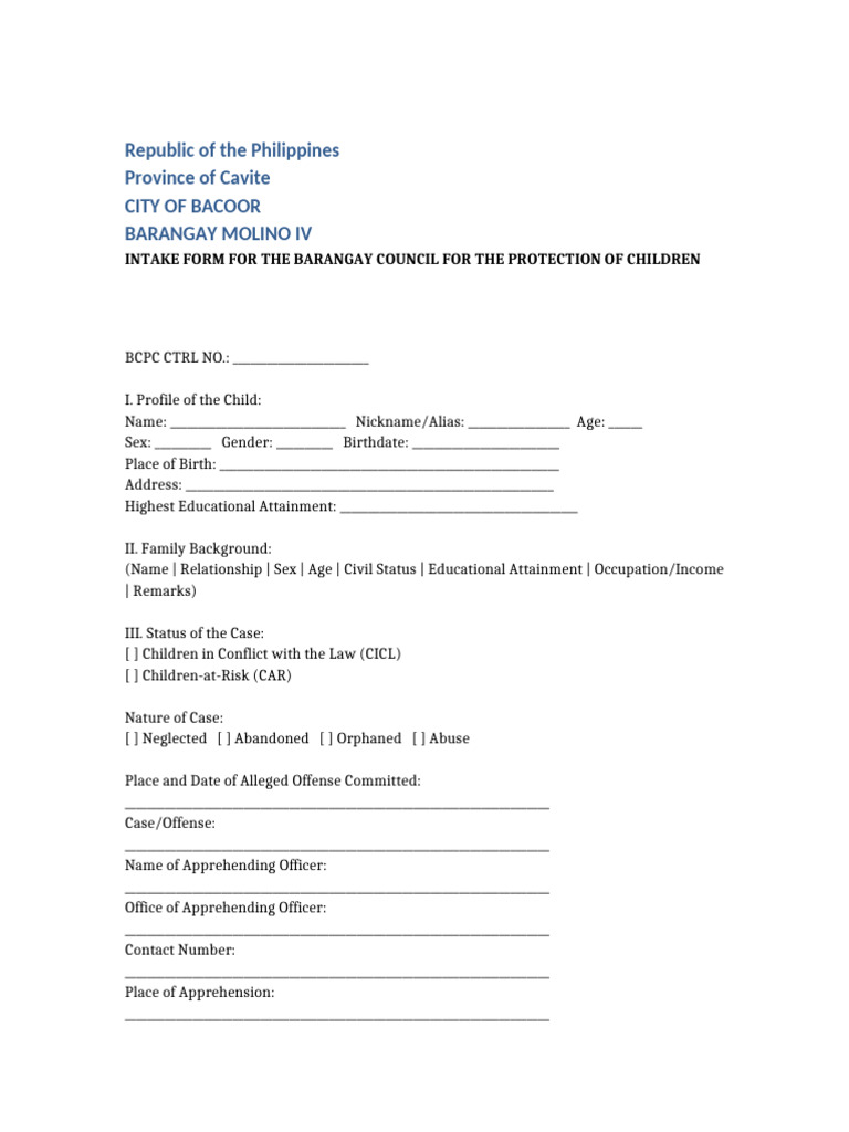 Barangay Child Protection Intake Form | PDF