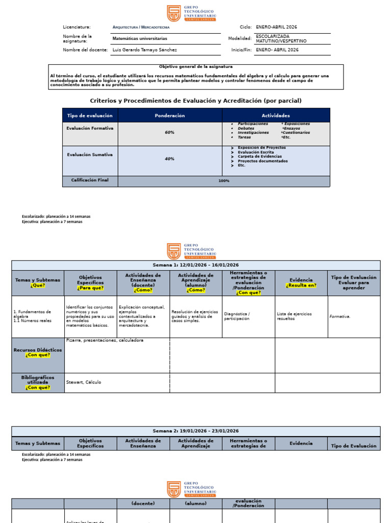 Matemáticas Universitarias 2026: Plan de Curso | PDF | Matriz ...