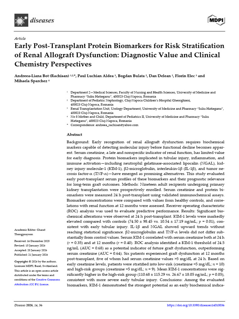 Early Biomarkers for Renal Transplant Risk | PDF | Biomarker | Assay