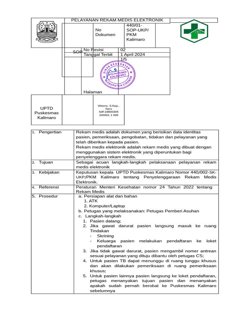 SOP Pelayanan Rekam Medis Elektronik | PDF