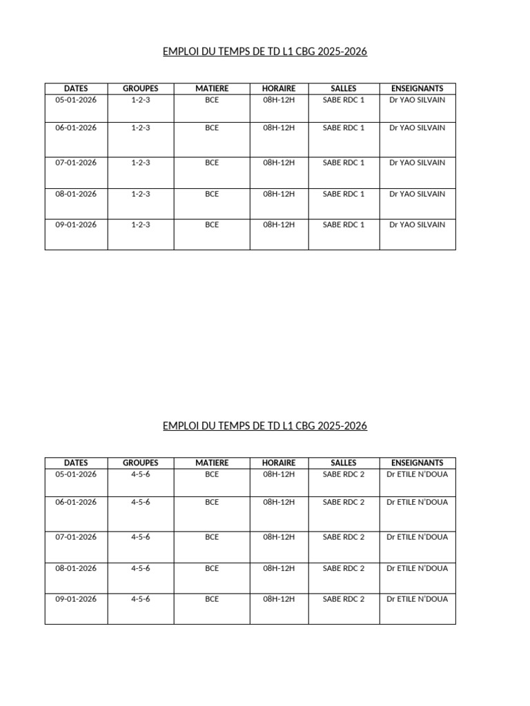 Emploi du temps TD L1 CBG 2025-2026 | PDF
