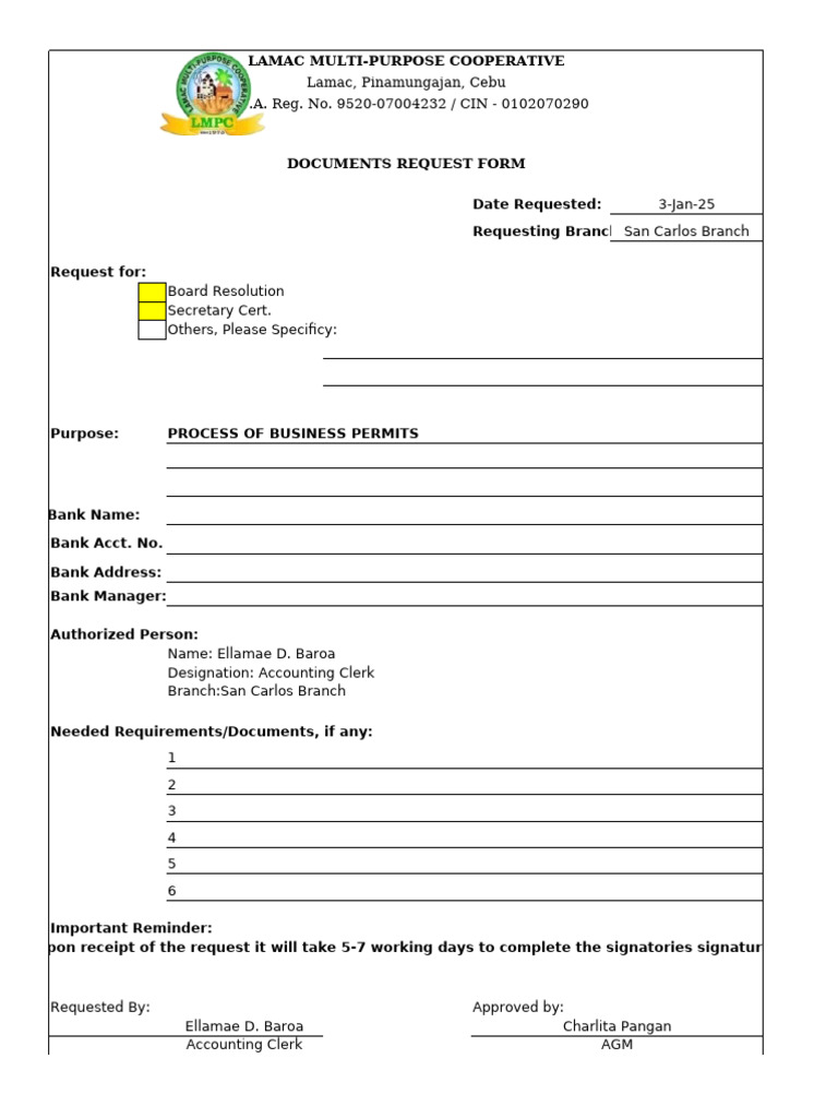 Lamac Cooperative Document Request Form | PDF | Accounting