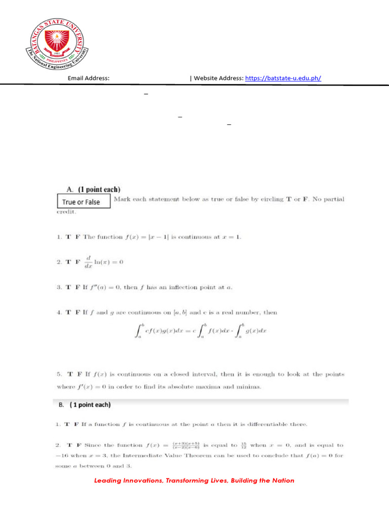 Advanced Calculus II Exam - Batangas State University | PDF