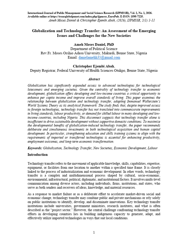 Globalization and Technology Transfer: An Assessment of the Emerging ...