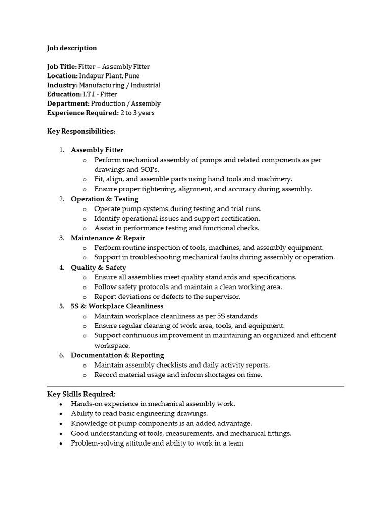 Assembly Fitter Job Description - Pune | PDF