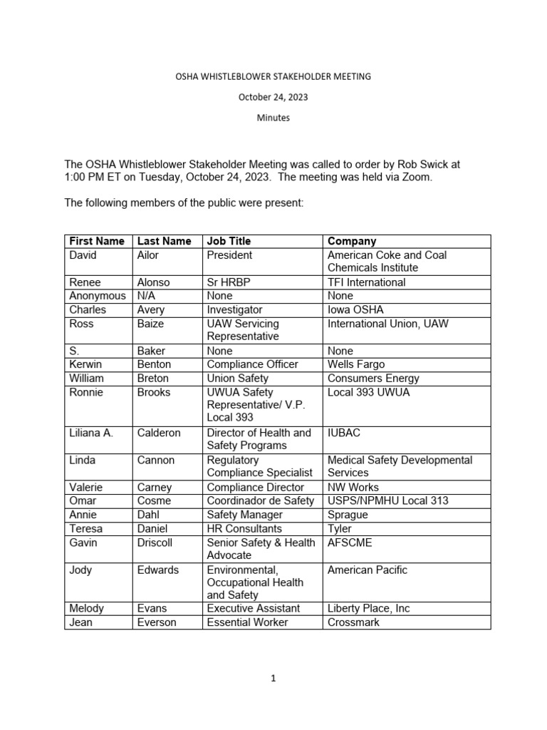 2023 10 24 Stakeholder Meeting Minutes | PDF | Occupational Safety And ...