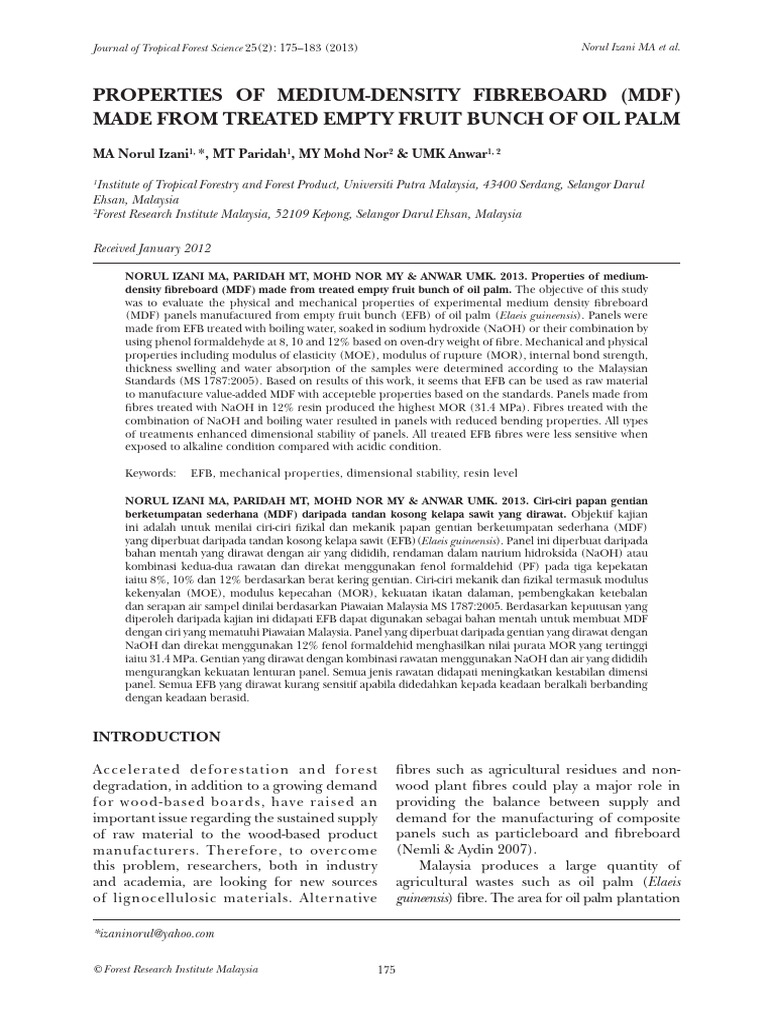 MDF Properties from Treated Oil Palm EFB | PDF