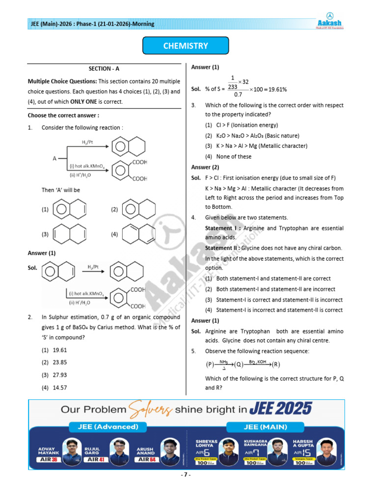 JEE Main 2026 Chemistry Phase-1 Questions | PDF | Physical Sciences ...