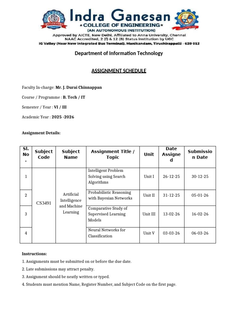 Assignment - Schedule CS3491 AIML | PDF