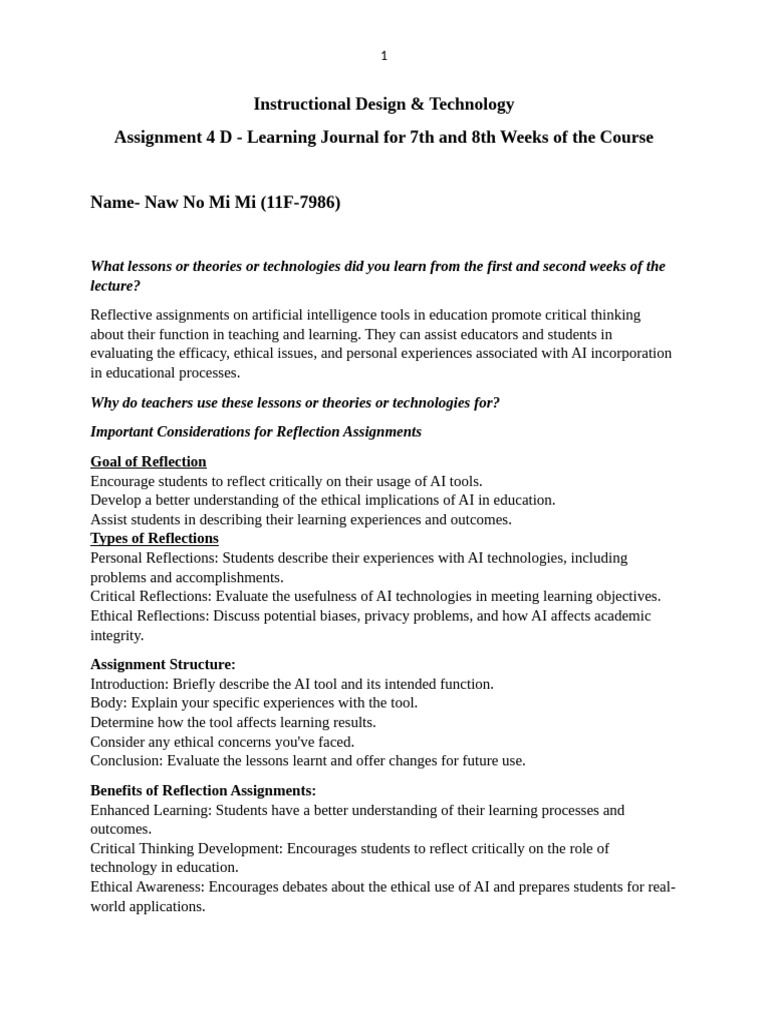 Assignment 4 D - Learning Journal For 7th and 8th Weeks of The Course ...