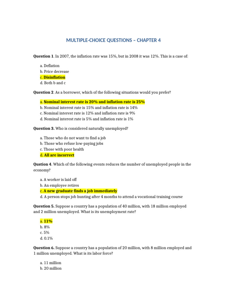 Chapter 4 Economics Quiz Questions | PDF | Inflation | Unemployment