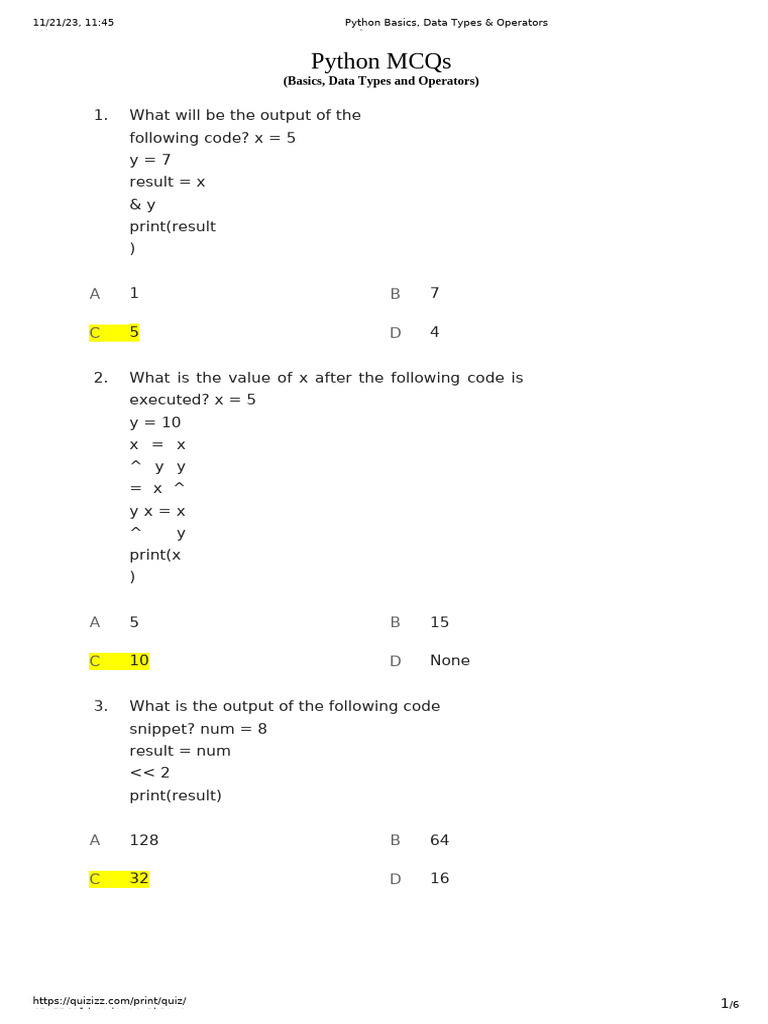Python Basics, Data Types & Operators MCQ - CK | PDF | Computer ...
