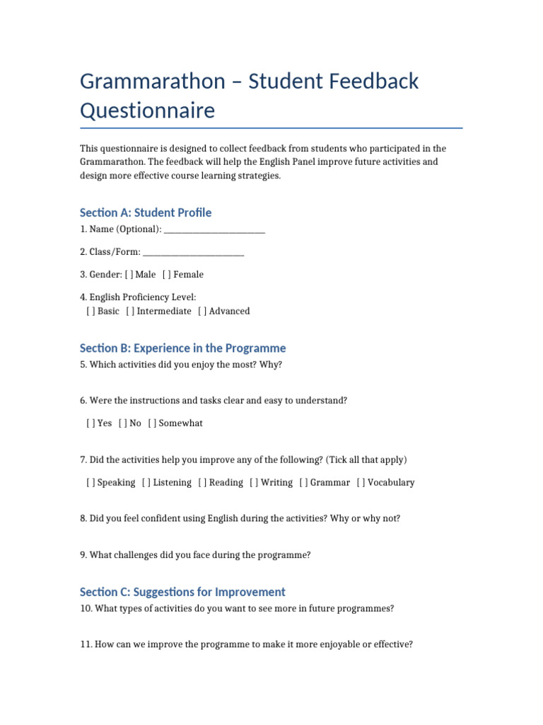 Grammarathon Student Feedback Survey | PDF