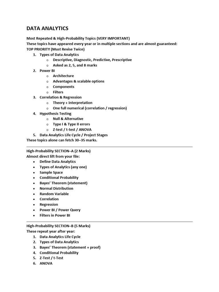 Key Data Analytics Topics for Exams | PDF | Regression Analysis | Type ...
