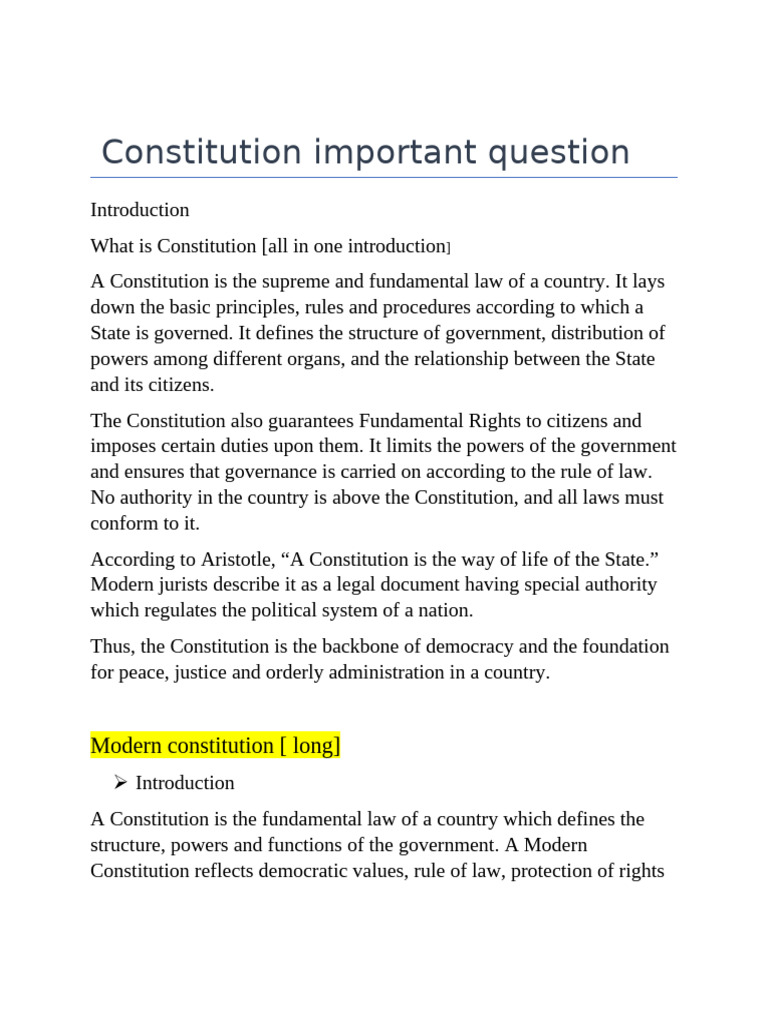 Constitution Important Question | PDF | Rule Of Law | Constitution