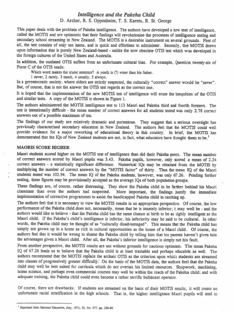 Intelligence and The Pakeha Child | PDF