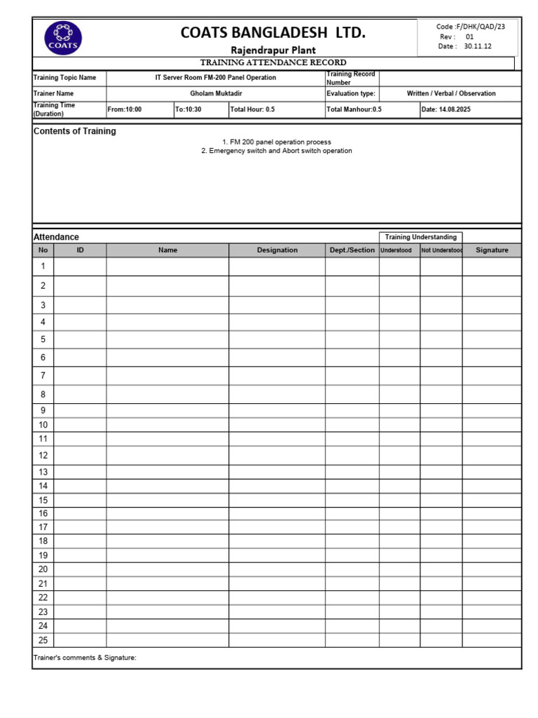 IT Server Room Training Record | PDF