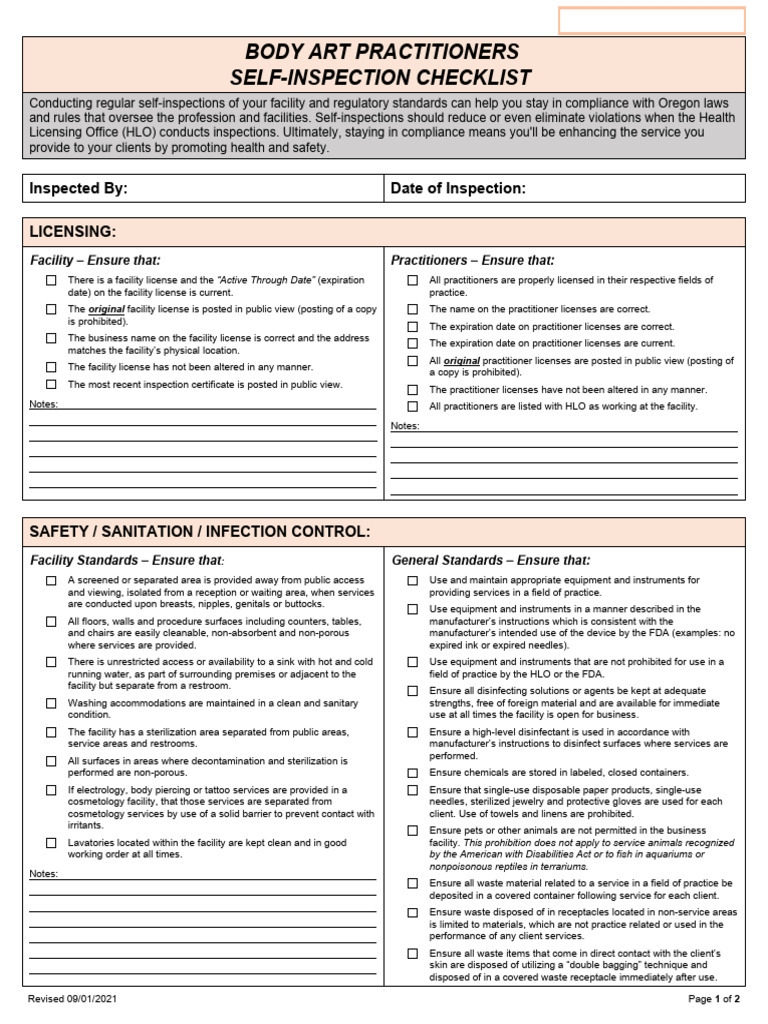 Oregon Body Art Self-Inspection Guide | PDF | Sterilization (Microbiology)